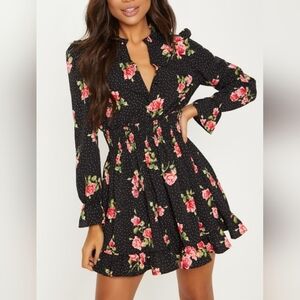 PrettyLittleThing Black Floral Polka Dot Shirred Waist Shirt Dress- Size 16